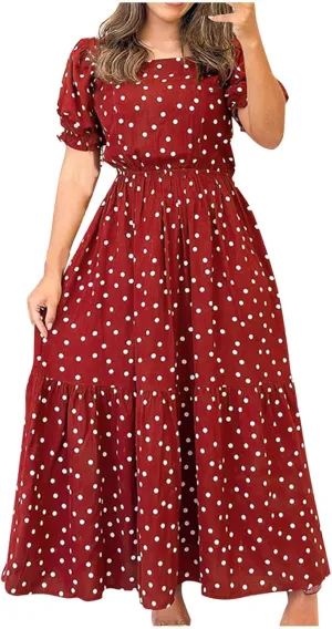 Women's Flutter Sleeve Smocked Polka Dot Midi Dress Summer Beach Vocation Boho Round Neck Casual Tiered Dresses