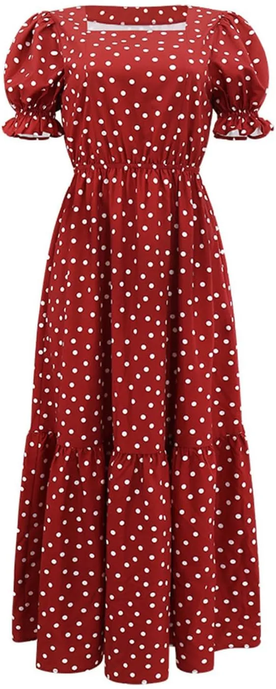 Women's Flutter Sleeve Smocked Polka Dot Midi Dress Summer Beach Vocation Boho Round Neck Casual Tiered Dresses