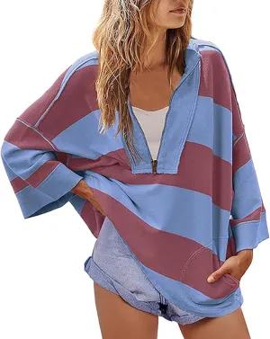 Womens Half Zip Striped Sweatshirt V Neck Oversized Hoodies Tops Casual Trendy Fall Outfits Loose Fit Preppy Clothes