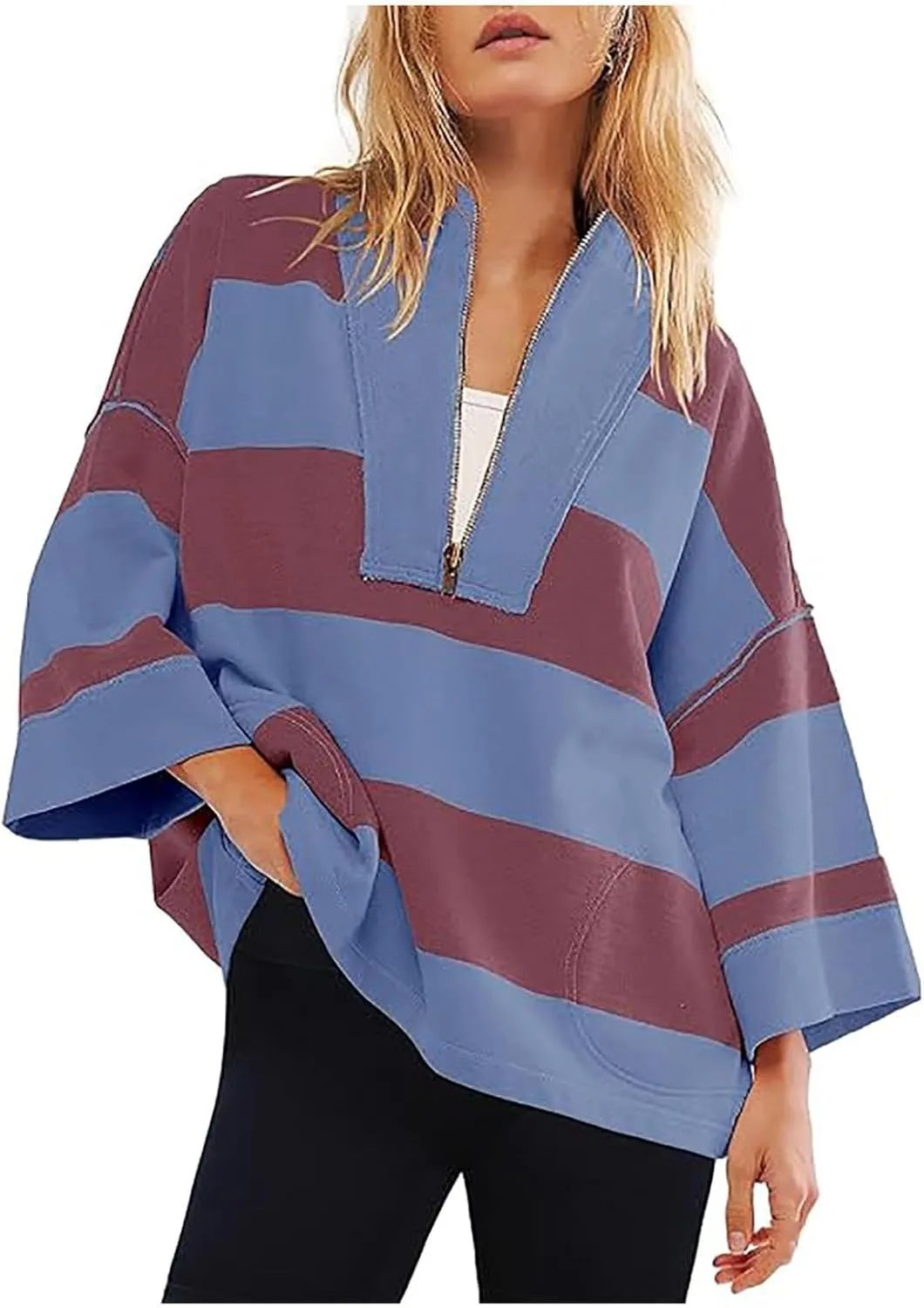 Womens Half Zip Striped Sweatshirt V Neck Oversized Hoodies Tops Casual Trendy Fall Outfits Loose Fit Preppy Clothes