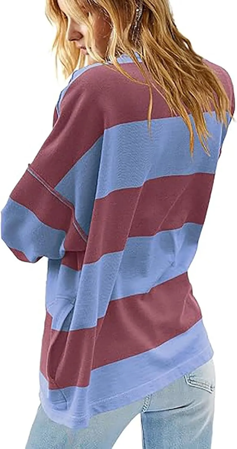 Womens Half Zip Striped Sweatshirt V Neck Oversized Hoodies Tops Casual Trendy Fall Outfits Loose Fit Preppy Clothes