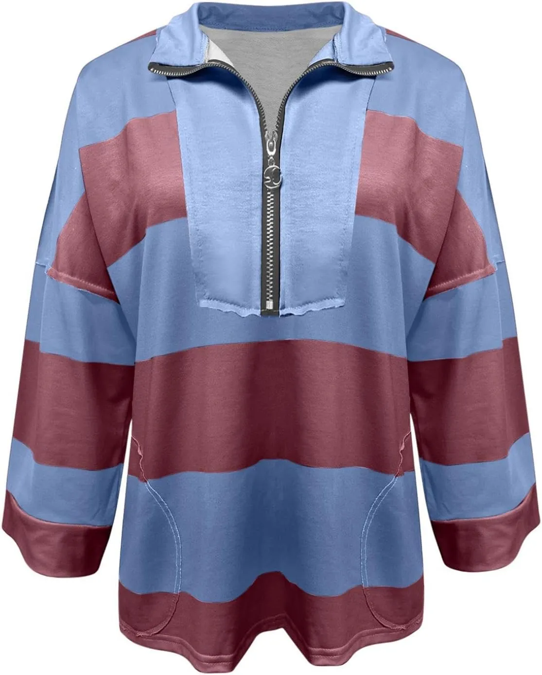 Womens Half Zip Striped Sweatshirt V Neck Oversized Hoodies Tops Casual Trendy Fall Outfits Loose Fit Preppy Clothes