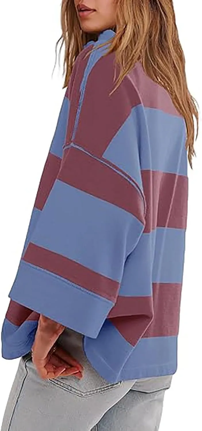 Womens Half Zip Striped Sweatshirt V Neck Oversized Hoodies Tops Casual Trendy Fall Outfits Loose Fit Preppy Clothes