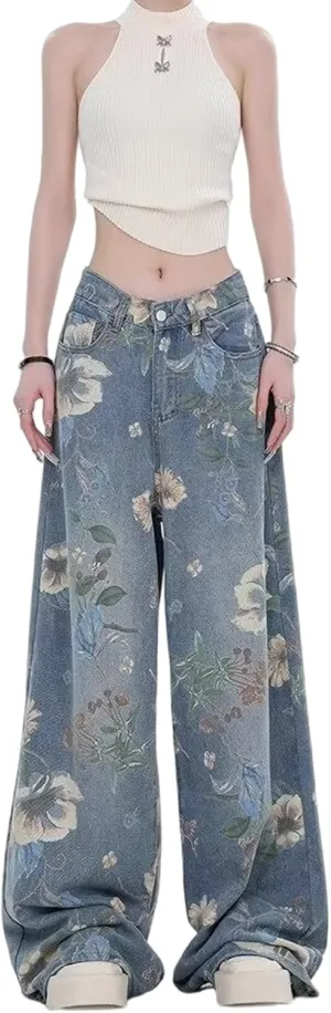 Women's Jeans, Women's Retro Floral Print with Holes, Loose Straight Leg Wide Leg Denim Pants, Y2K Jeans