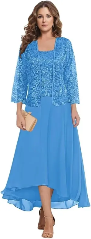 Women's Lace Mother of The Bride Dresses with Jacket 3/4 Sleeve Chiffon Long Formal Dresses Prom Evening Gowns