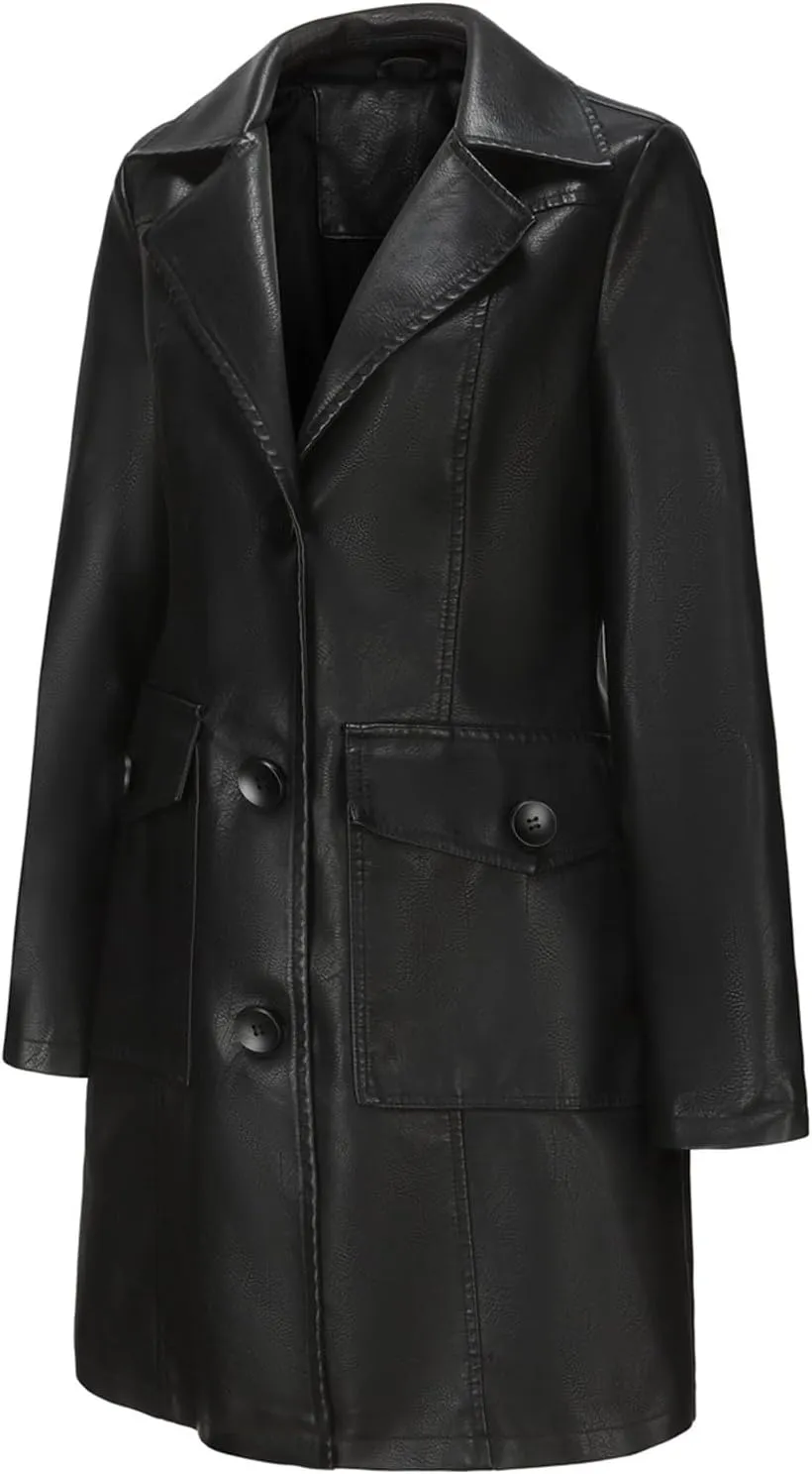 Women's Lapel Leather Jacket Fashion Solid Colour Long-sleeved -breasted Medium-Length Coat Fall Winter Warm