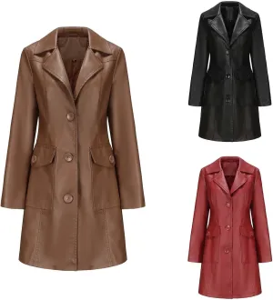 Women's Lapel Leather Jacket Fashion Solid Colour Long-sleeved -breasted Medium-Length Coat Fall Winter Warm