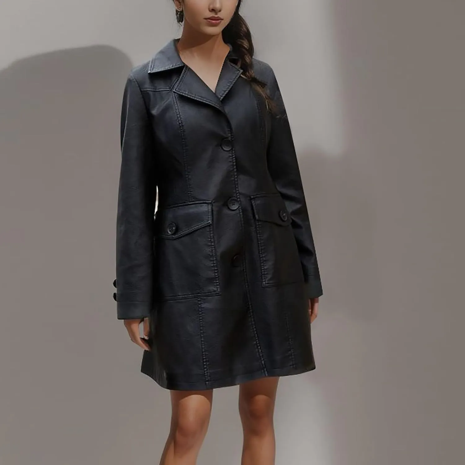 Women's Lapel Leather Jacket Fashion Solid Colour Long-sleeved -breasted Medium-Length Coat Fall Winter Warm