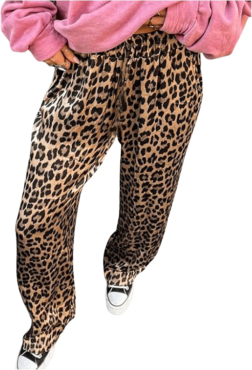 Women's Leopard Print High Waist Pants Straight Leg Y2K Long Trousers with Pockets