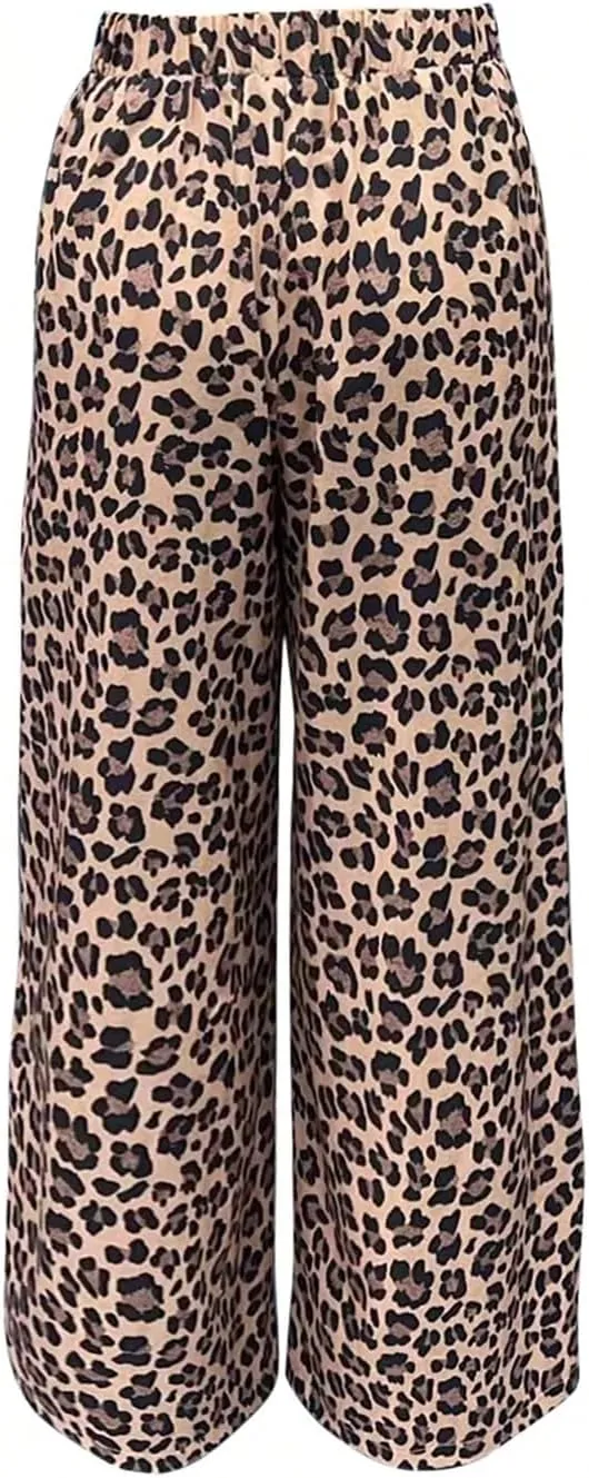 Women's Leopard Print High Waist Pants Straight Leg Y2K Long Trousers with Pockets