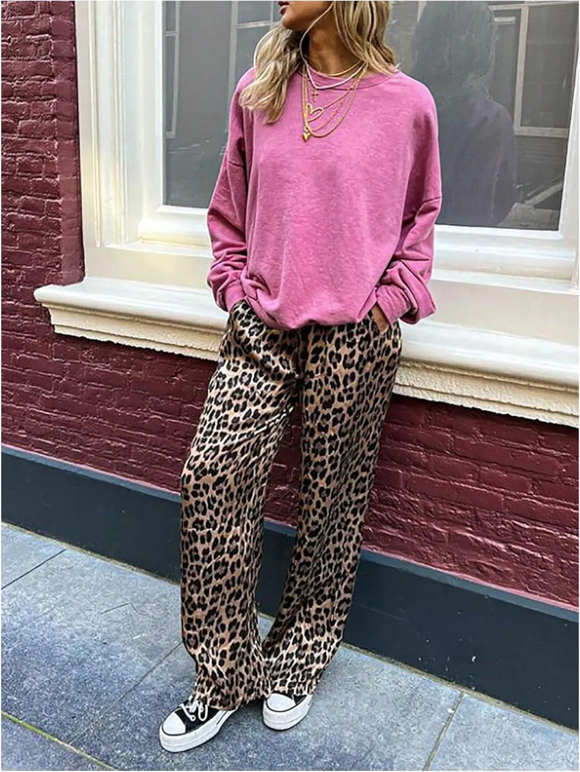 Women's Leopard Print High Waist Pants Straight Leg Y2K Long Trousers with Pockets