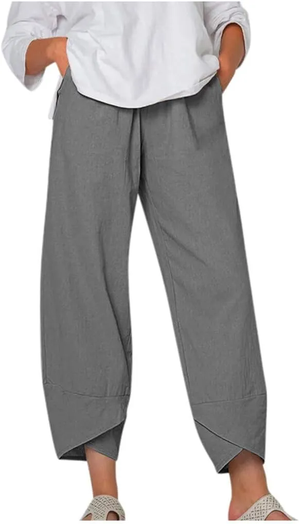 Womens Linen Pants Summer Beach High Waisted Oversized Cropped Pants Casual Loose Fit Trousers 2025 Vacation Clothes