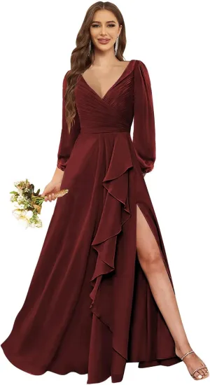 Women's Long Sleeve Bridesmaid Dresses for Wedding with Slit Pleated Chiffon Formal Evening Gowns