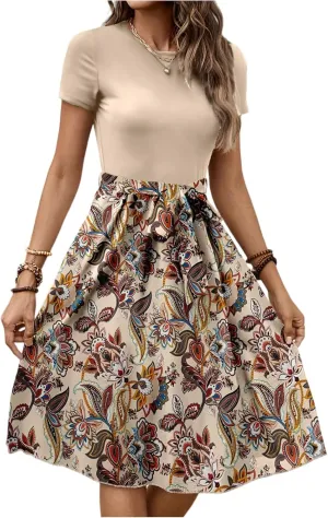 Womens Midi Dress Spring Summer Short Sleeve Petite Dresses 2025 Ladies Casual Plus Size Floral T-Shirt Flowy Beach Sundress