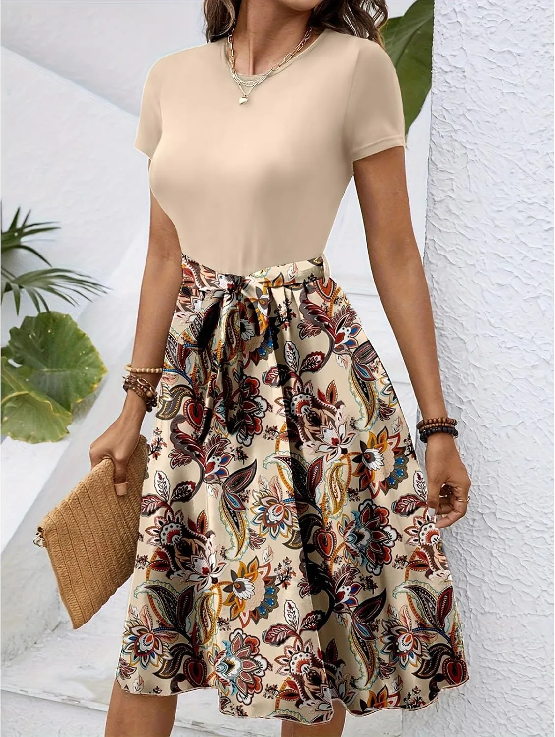 Womens Midi Dress Spring Summer Short Sleeve Petite Dresses 2025 Ladies Casual Plus Size Floral T-Shirt Flowy Beach Sundress