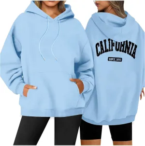 Womens Oversized Hoodies Fleece Hooded Sweatshirts Solid Basic Loose Letter Pullover Tops Drawstring 2024 Fall Outfit