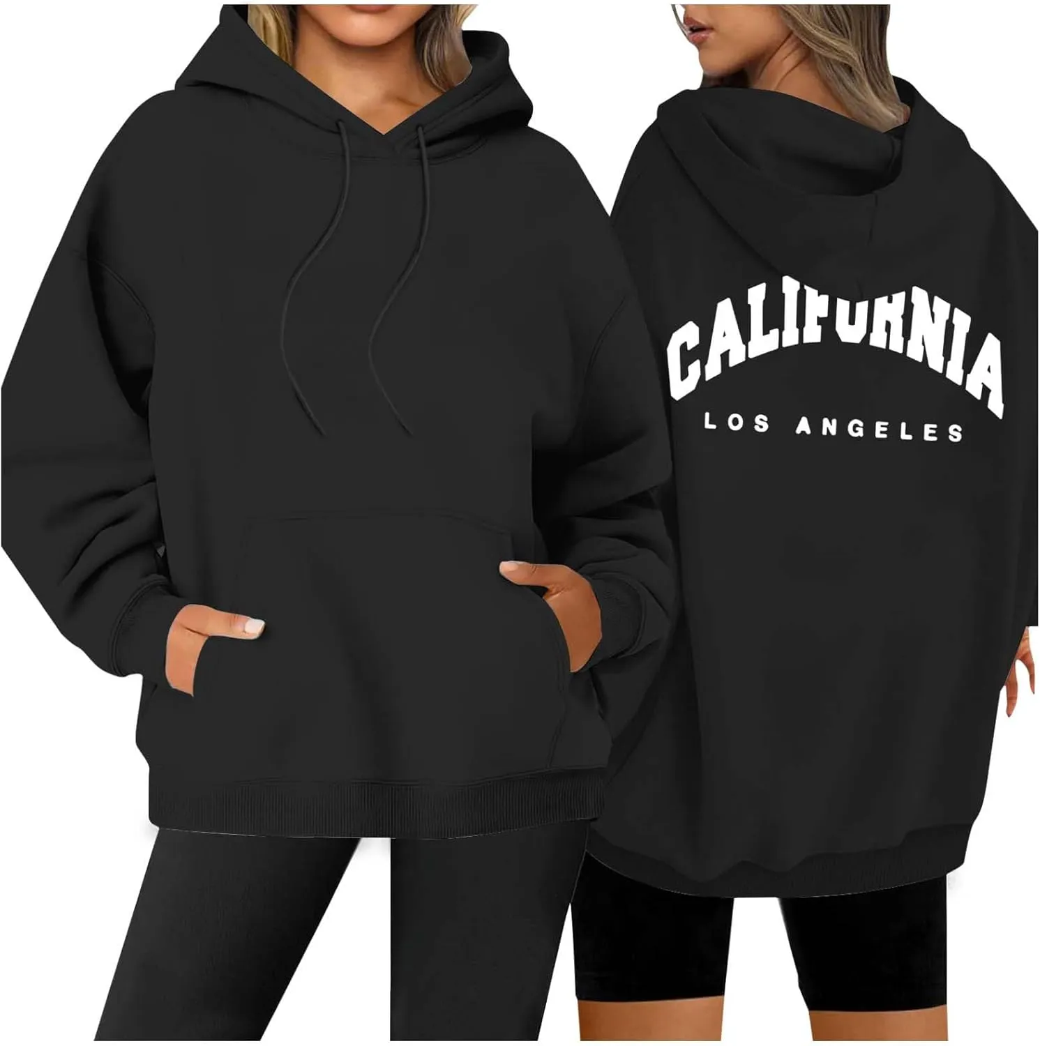 Womens Oversized Hoodies Fleece Hooded Sweatshirts Solid Basic Loose Letter Pullover Tops Drawstring 2024 Fall Outfit
