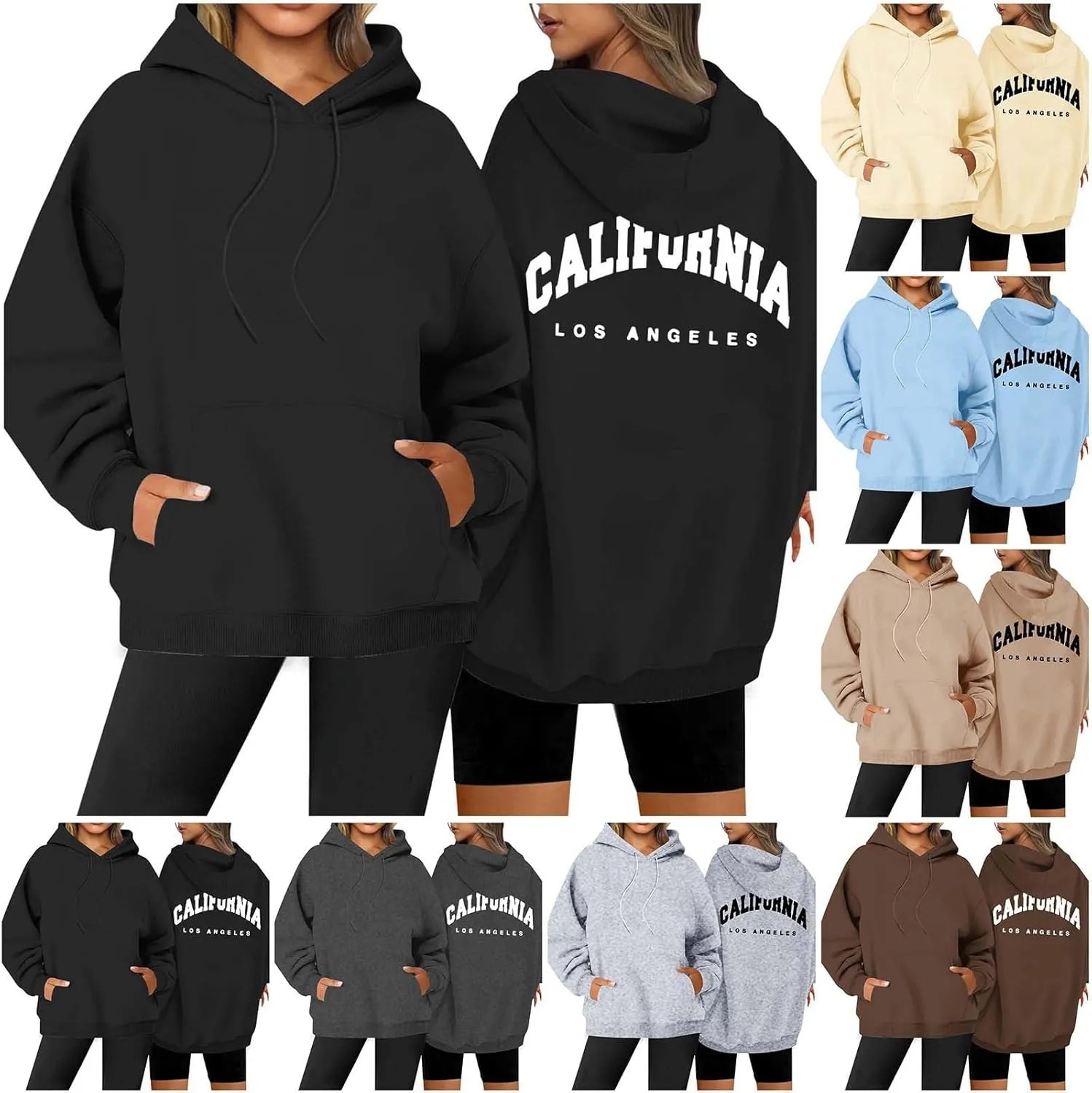 Womens Oversized Hoodies Fleece Hooded Sweatshirts Solid Basic Loose Letter Pullover Tops Drawstring 2024 Fall Outfit