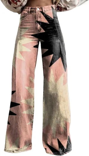 Womens Petite Flare Jeans Wide Leg Baggy Print Pants Vintage Boho Floral Low Waisted Straight Trousers with Pocket