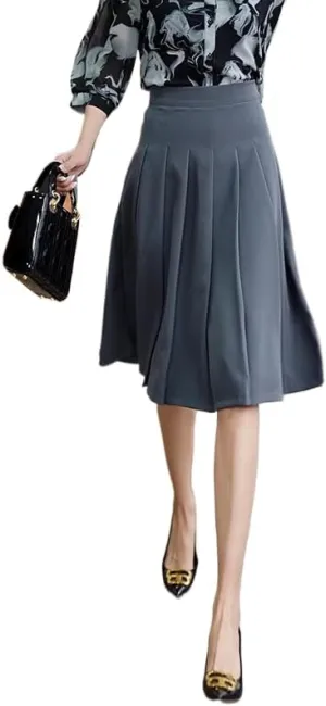 Women's Pleated Pencil Skirt, Knee Length, Black with Metal Buckle Belt