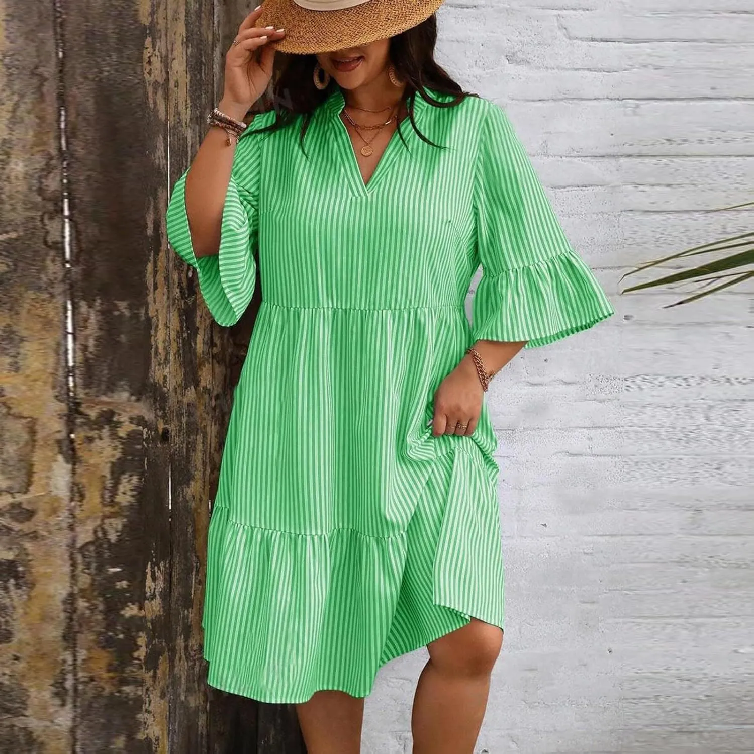 Women's Plus Size Dresses for Curvy Summer Striped Loose Short Sleeve V Neck Layered Ruffle Hem Midi Dress