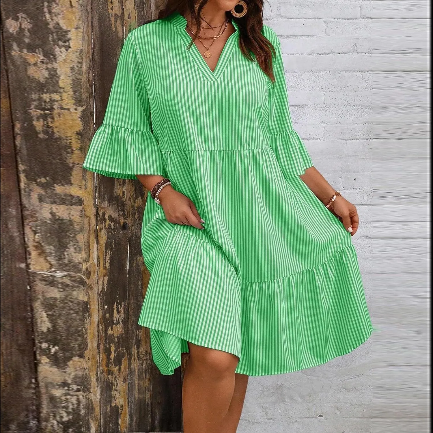 Women's Plus Size Dresses for Curvy Summer Striped Loose Short Sleeve V Neck Layered Ruffle Hem Midi Dress