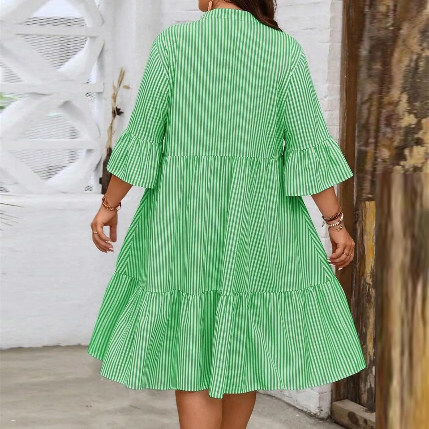 Women's Plus Size Dresses for Curvy Summer Striped Loose Short Sleeve V Neck Layered Ruffle Hem Midi Dress
