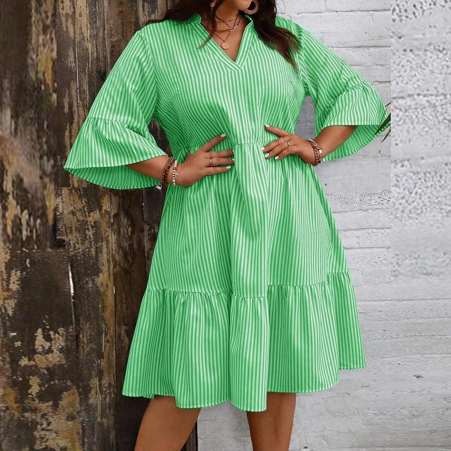 Women's Plus Size Dresses for Curvy Summer Striped Loose Short Sleeve V Neck Layered Ruffle Hem Midi Dress
