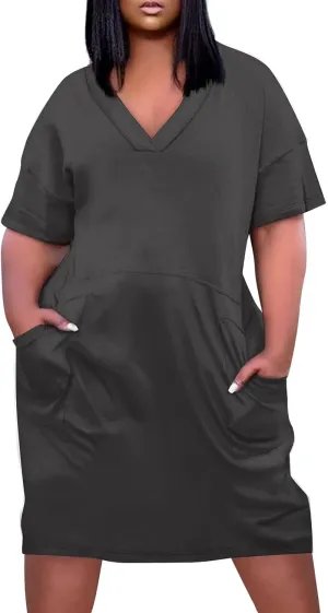 Women's Plus Size Tshirt Dress Short Sleeve Knee Length Soild Color Tshirt Dresses with Pockets, L-5XL