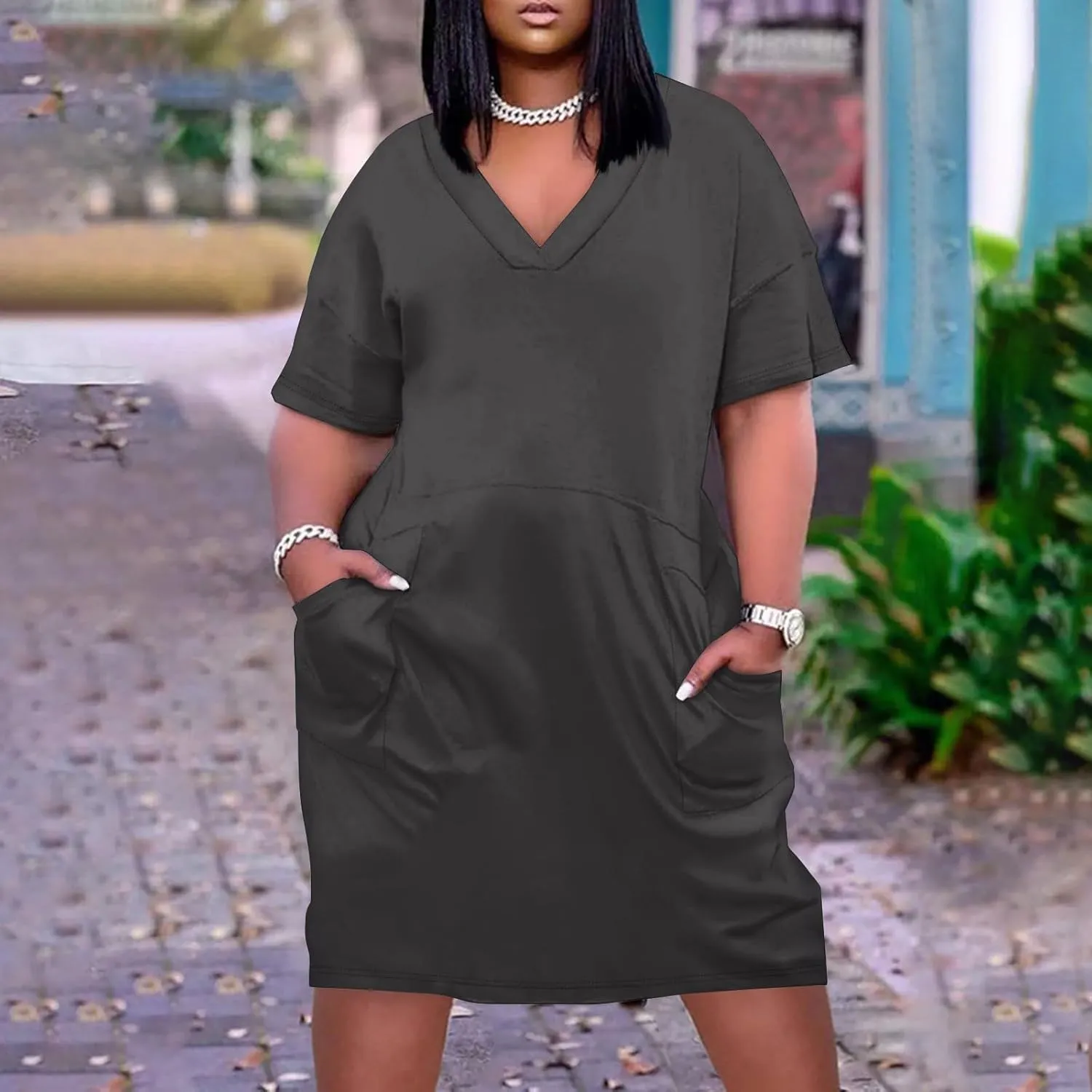 Women's Plus Size Tshirt Dress Short Sleeve Knee Length Soild Color Tshirt Dresses with Pockets, L-5XL
