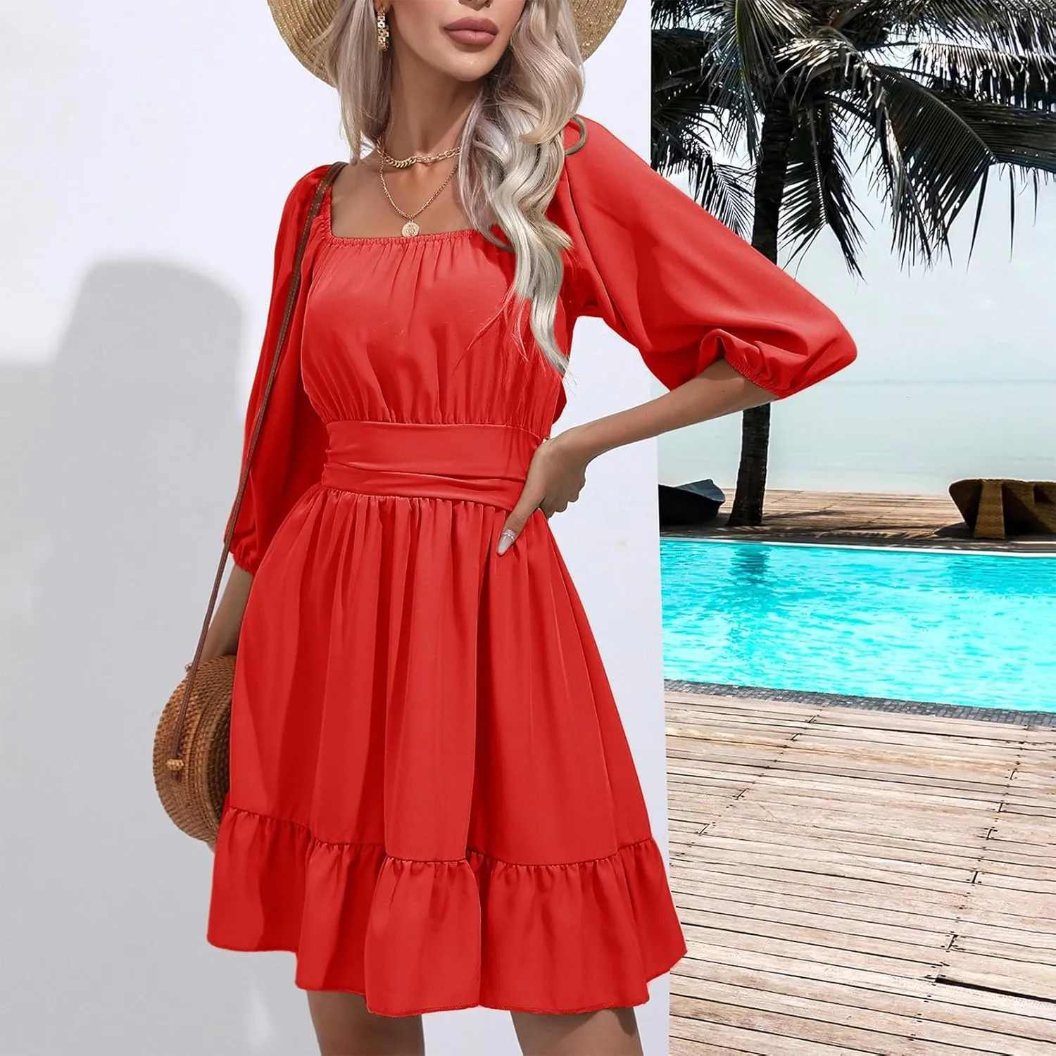 Women's Ruffle Mini Dress Square Neck Long Sleeve Party Dress Cute Wedding Guest Dress Homecoming Dresses