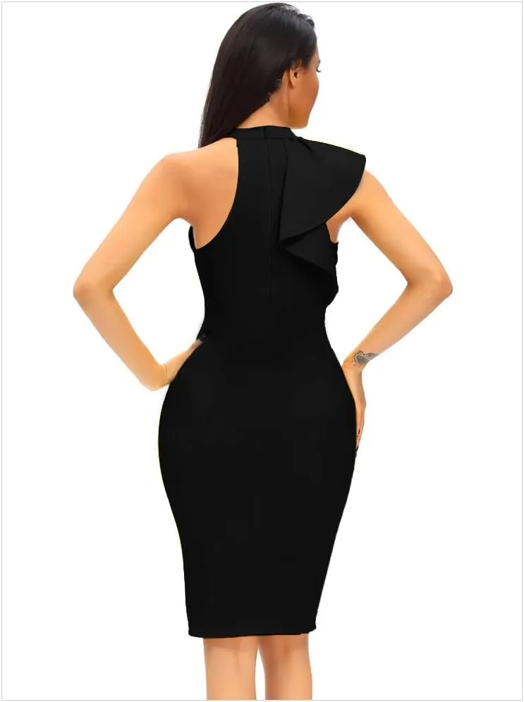 Women's Ruffle Sleeve One High Neck Midi Bodycon Cocktail Party Dress