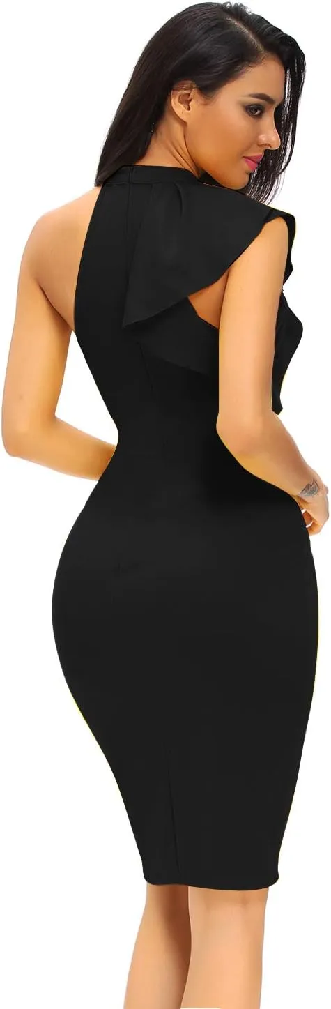 Women's Ruffle Sleeve One High Neck Midi Bodycon Cocktail Party Dress