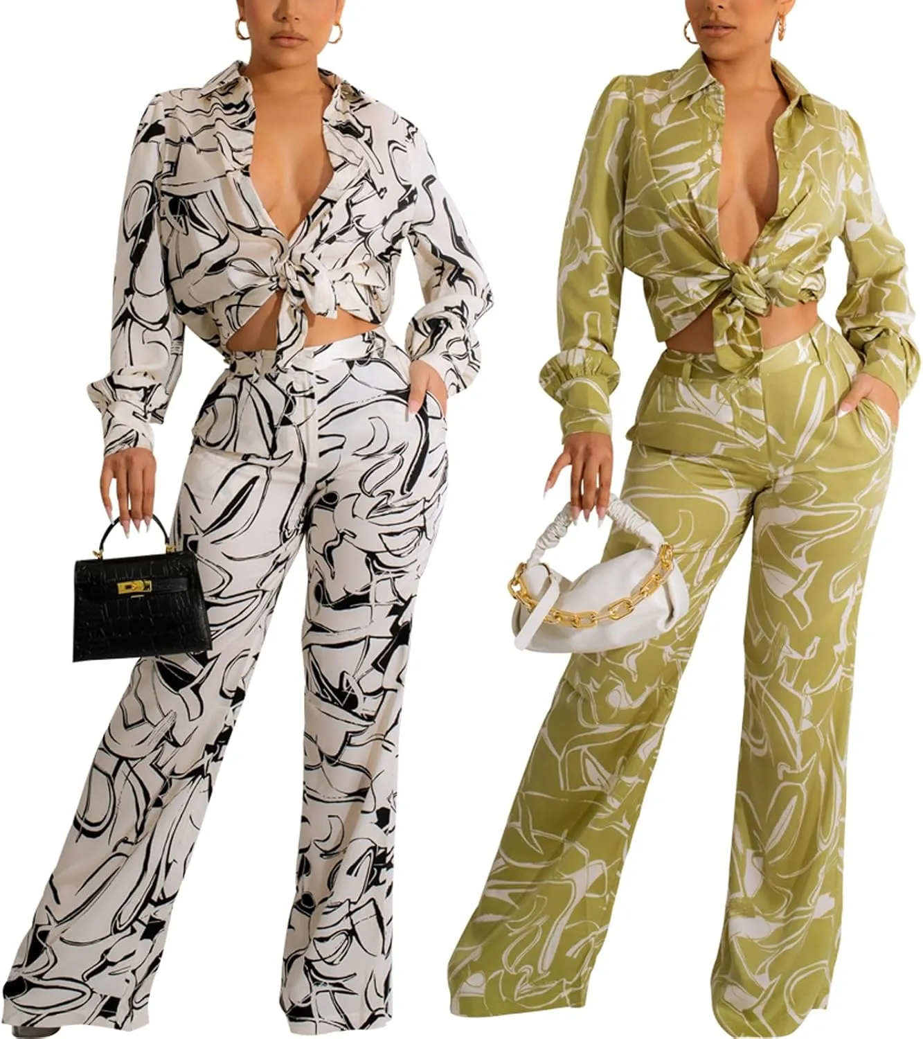 Women's Sexy 2 Piece Outfits Long Sleeve Button Down T-Shirt Blouses Crop Tops Long Pants Floral Print Tracksuits Sets