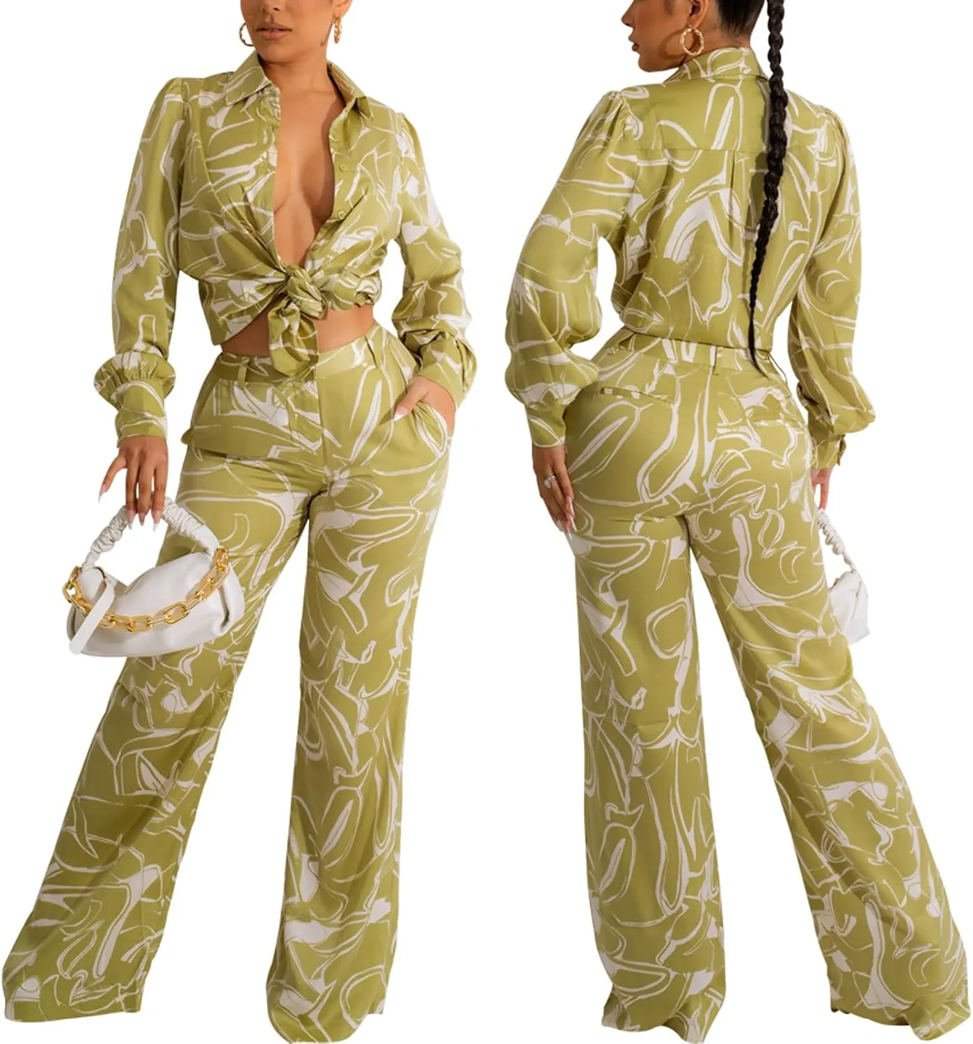 Women's Sexy 2 Piece Outfits Long Sleeve Button Down T-Shirt Blouses Crop Tops Long Pants Floral Print Tracksuits Sets