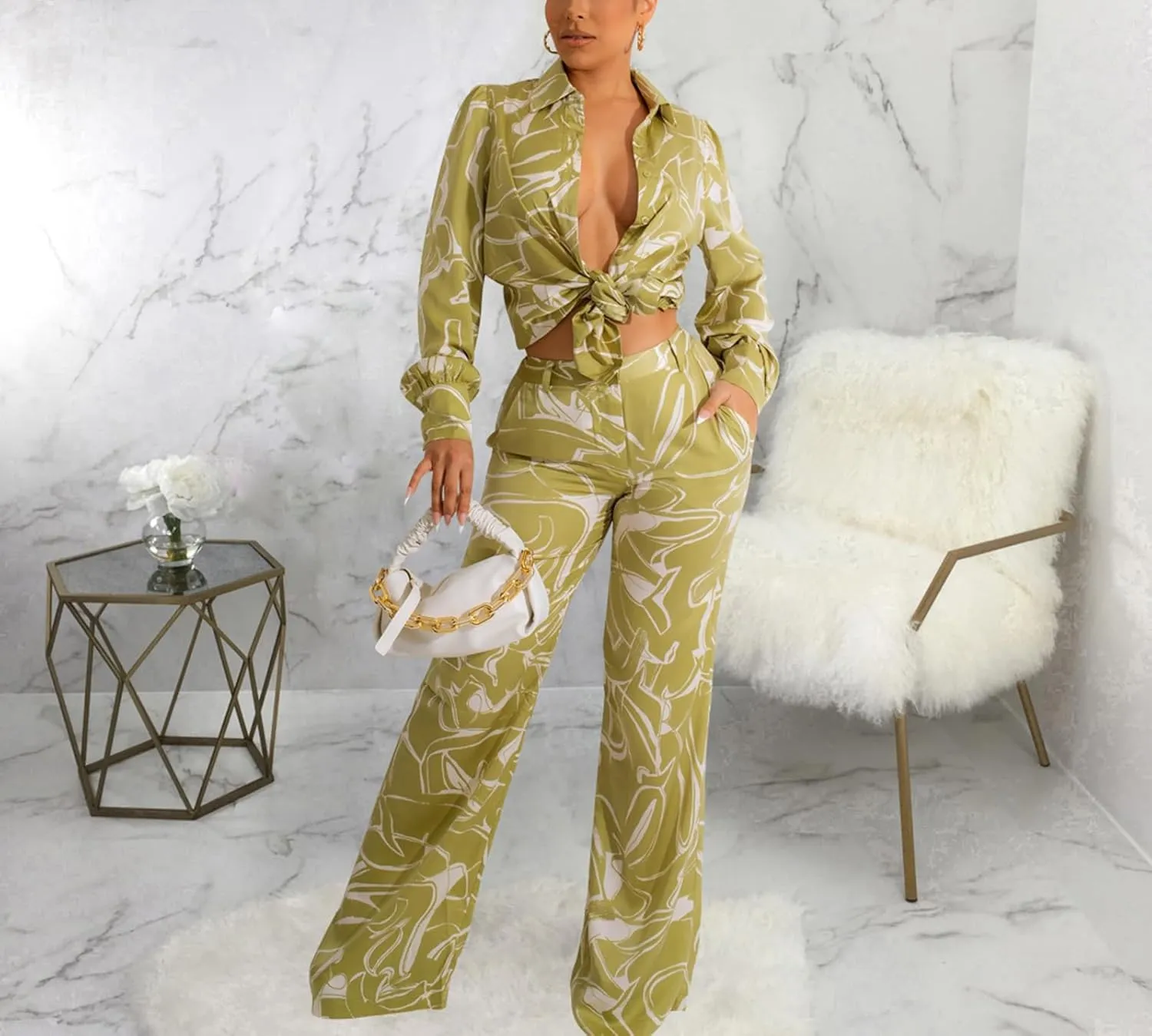 Women's Sexy 2 Piece Outfits Long Sleeve Button Down T-Shirt Blouses Crop Tops Long Pants Floral Print Tracksuits Sets