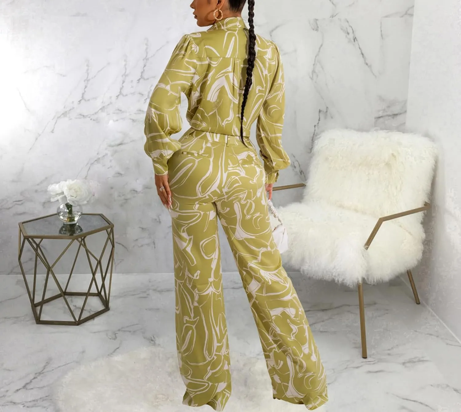 Women's Sexy 2 Piece Outfits Long Sleeve Button Down T-Shirt Blouses Crop Tops Long Pants Floral Print Tracksuits Sets