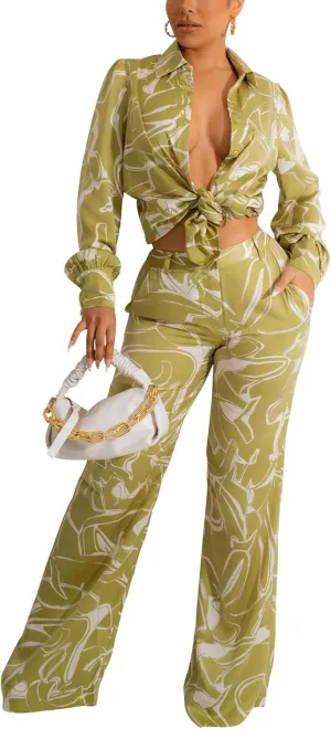 Women's Sexy 2 Piece Outfits Long Sleeve Button Down T-Shirt Blouses Crop Tops Long Pants Floral Print Tracksuits Sets