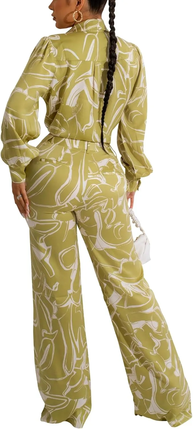 Women's Sexy 2 Piece Outfits Long Sleeve Button Down T-Shirt Blouses Crop Tops Long Pants Floral Print Tracksuits Sets