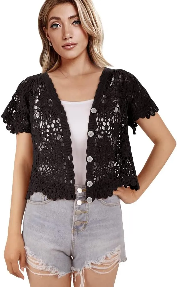 Women's Short Sleeve Bolero Shrugs Crochet Lace Open Cardigan