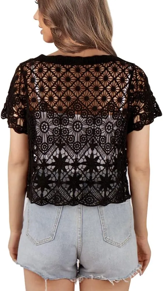Women's Short Sleeve Bolero Shrugs Crochet Lace Open Cardigan
