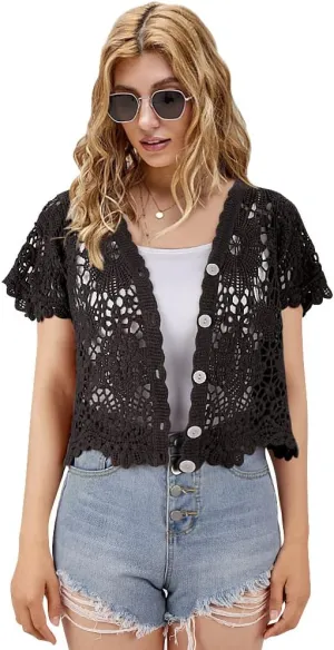 Women's Short Sleeve Bolero Shrugs Crochet Lace Open Cardigan
