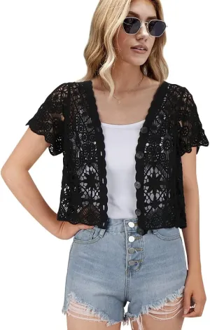 Women's Short Sleeve Bolero Shrugs Crochet Lace Open Cardigan