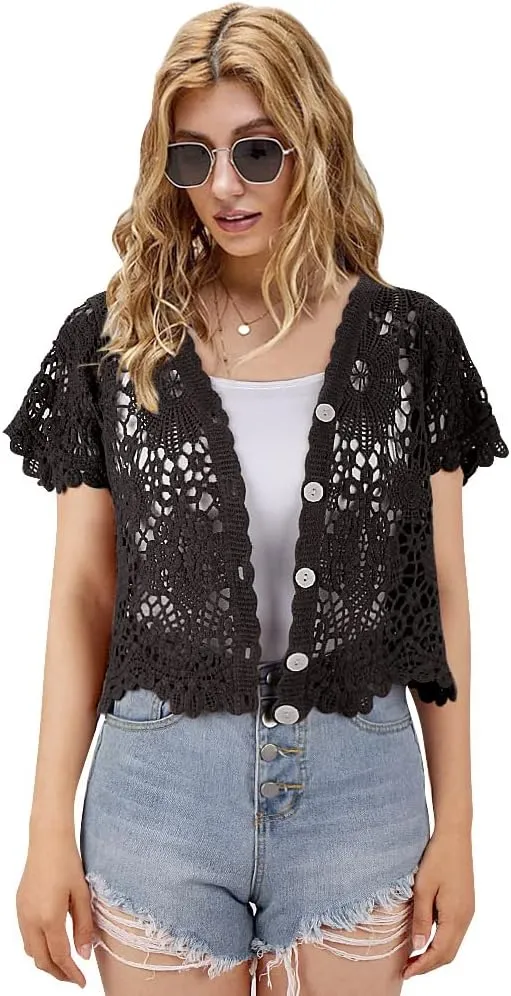 Women's Short Sleeve Bolero Shrugs Crochet Lace Open Cardigan