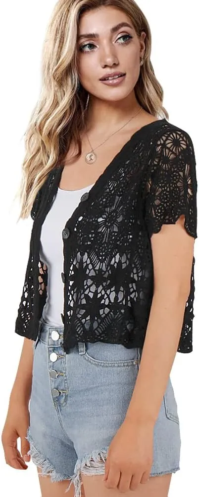 Women's Short Sleeve Bolero Shrugs Crochet Lace Open Cardigan