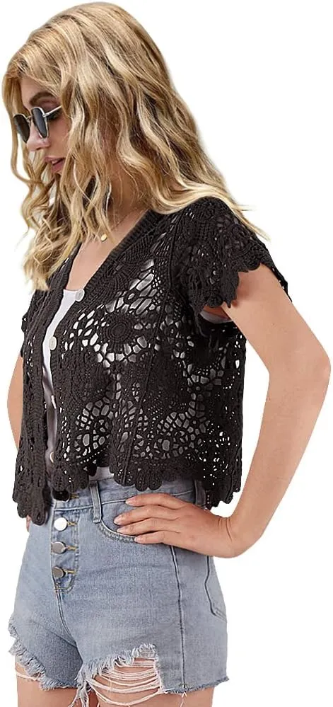 Women's Short Sleeve Bolero Shrugs Crochet Lace Open Cardigan