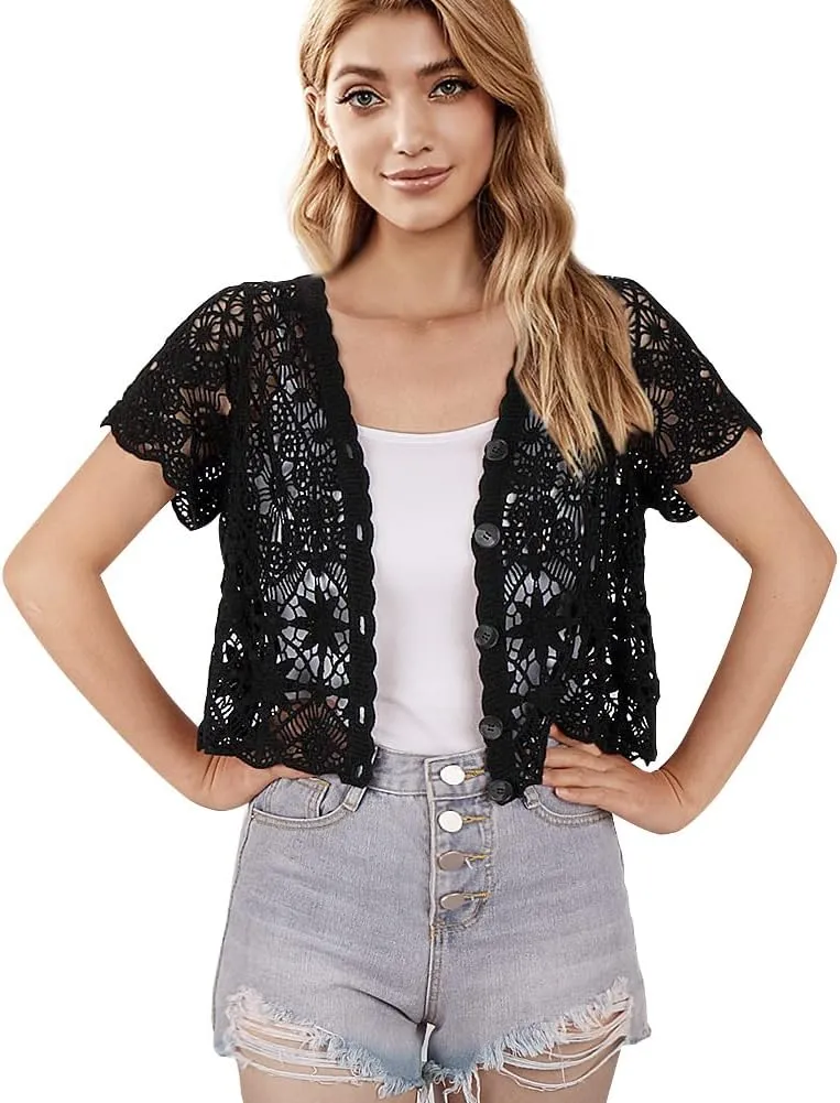 Women's Short Sleeve Bolero Shrugs Crochet Lace Open Cardigan