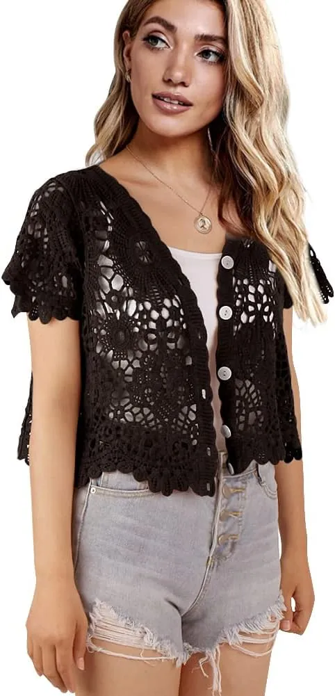 Women's Short Sleeve Bolero Shrugs Crochet Lace Open Cardigan