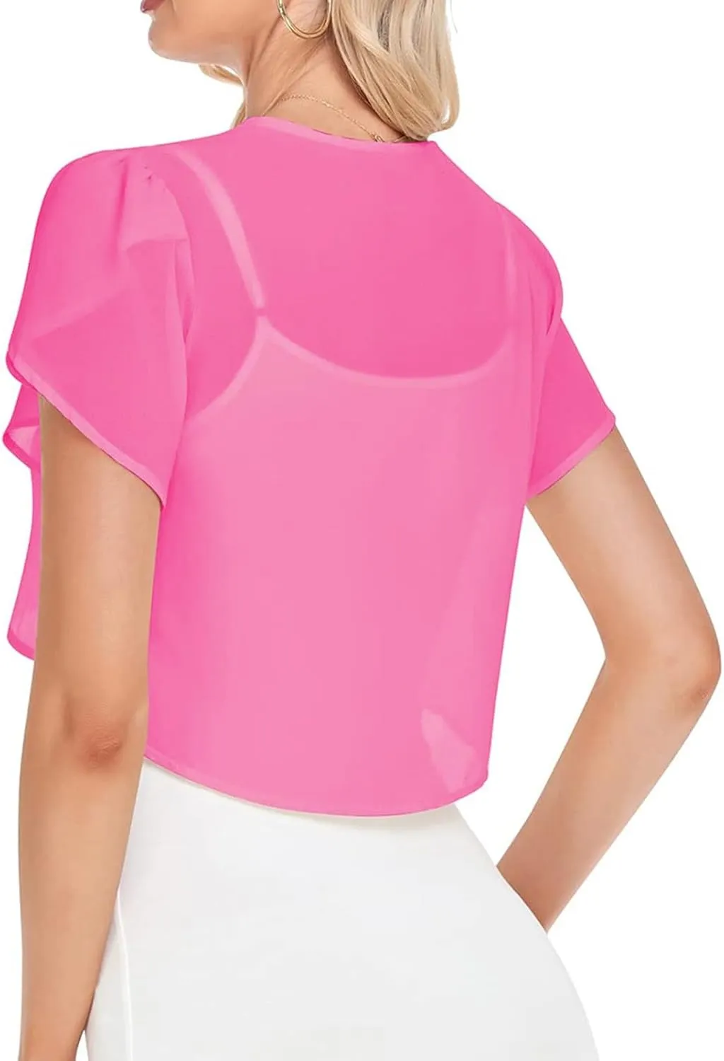 Womens Shrugs Chiffon Cardigans Open Front Sheer Mesh Petal Short Sleeve Bolero Shrug for Evening Dressy