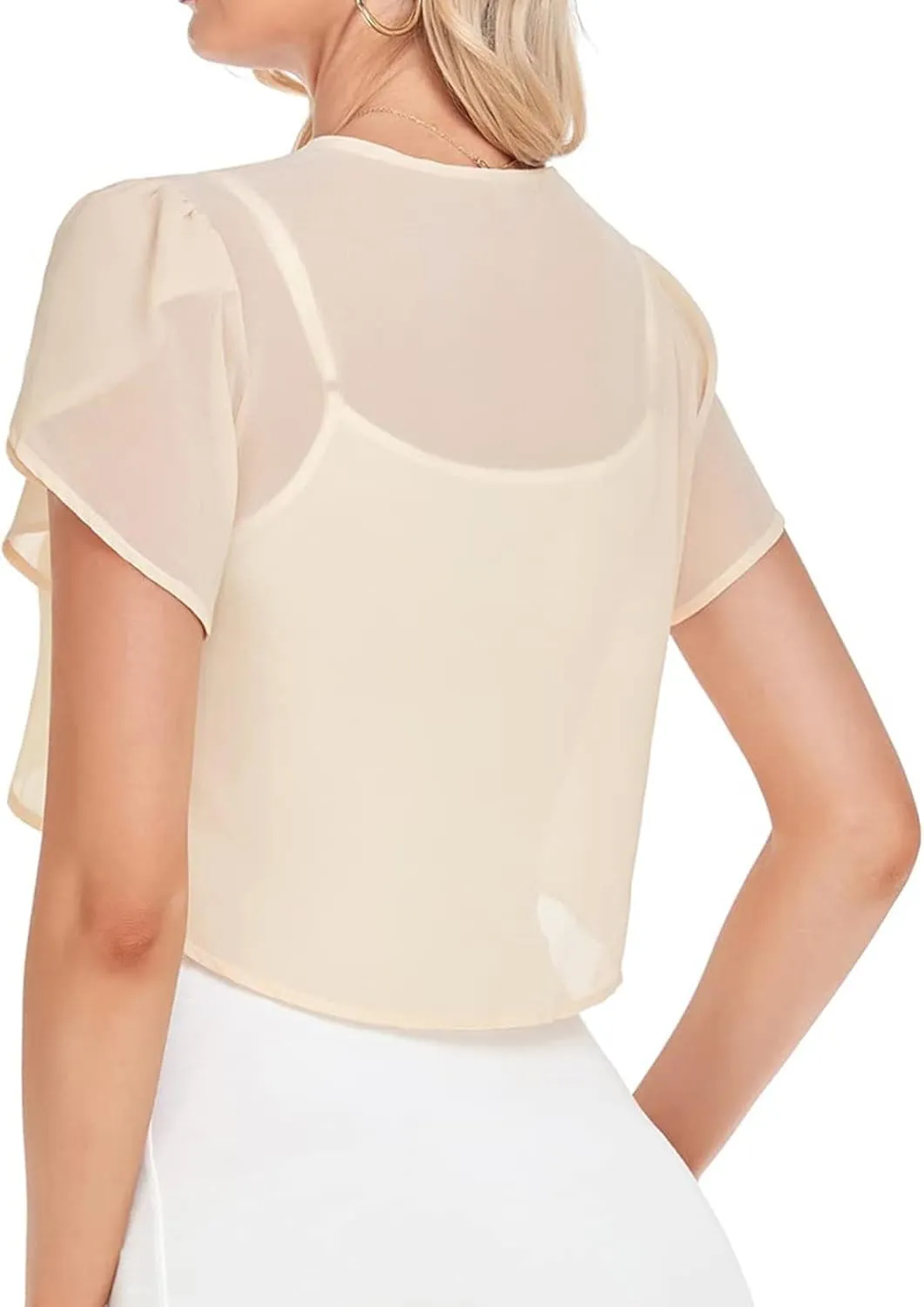 Womens Shrugs Chiffon Cardigans Open Front Sheer Mesh Petal Short Sleeve Bolero Shrug for Evening Dressy